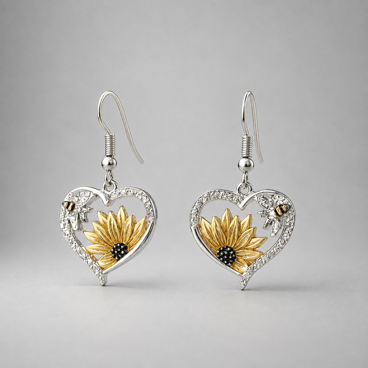 Vintage Boho Sunflower &amp; Bee Heart Dangle Earrings