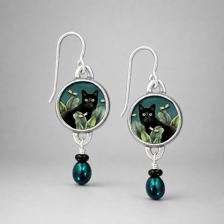 Vintage Tropical Black Cat Dangle Earrings
