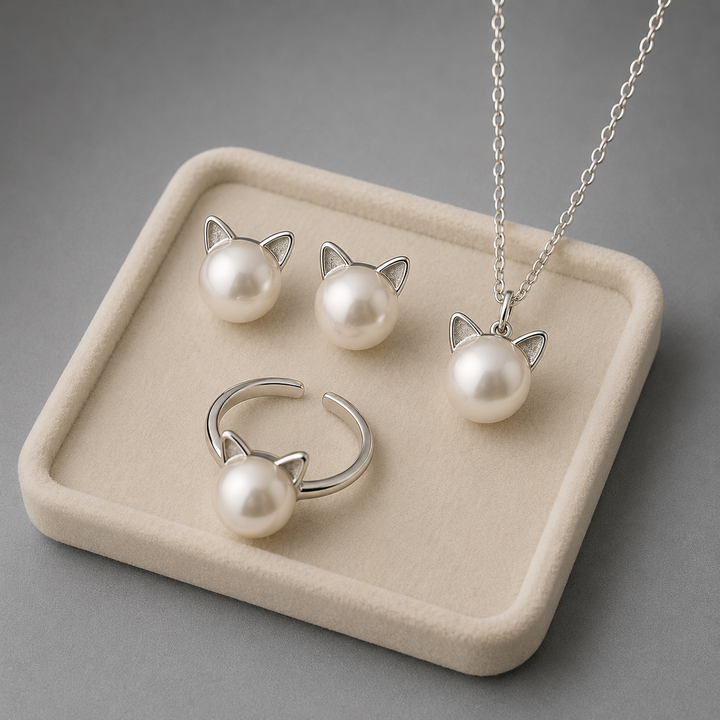 Beautiful Pearl Cat Necklace with Bonus Earrings + Ring