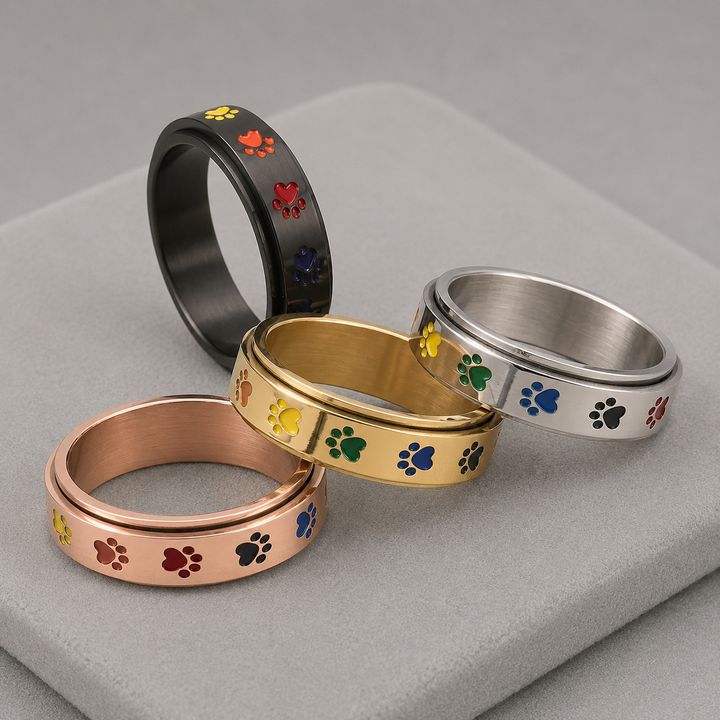 Spinning Stress Reducing Paw Ring – Stainless Steel with Rainbow Paws