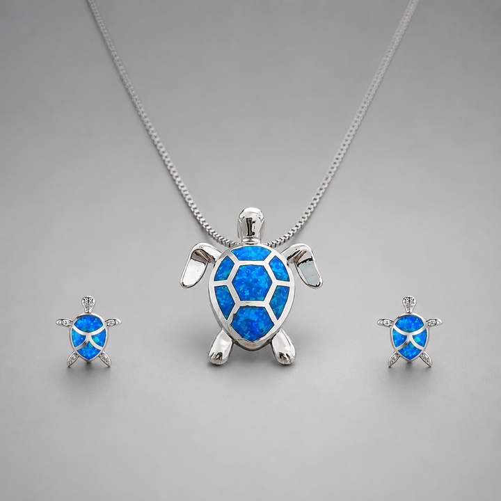 Sea Turtle Necklace + Earrings Set in Opal and Silver