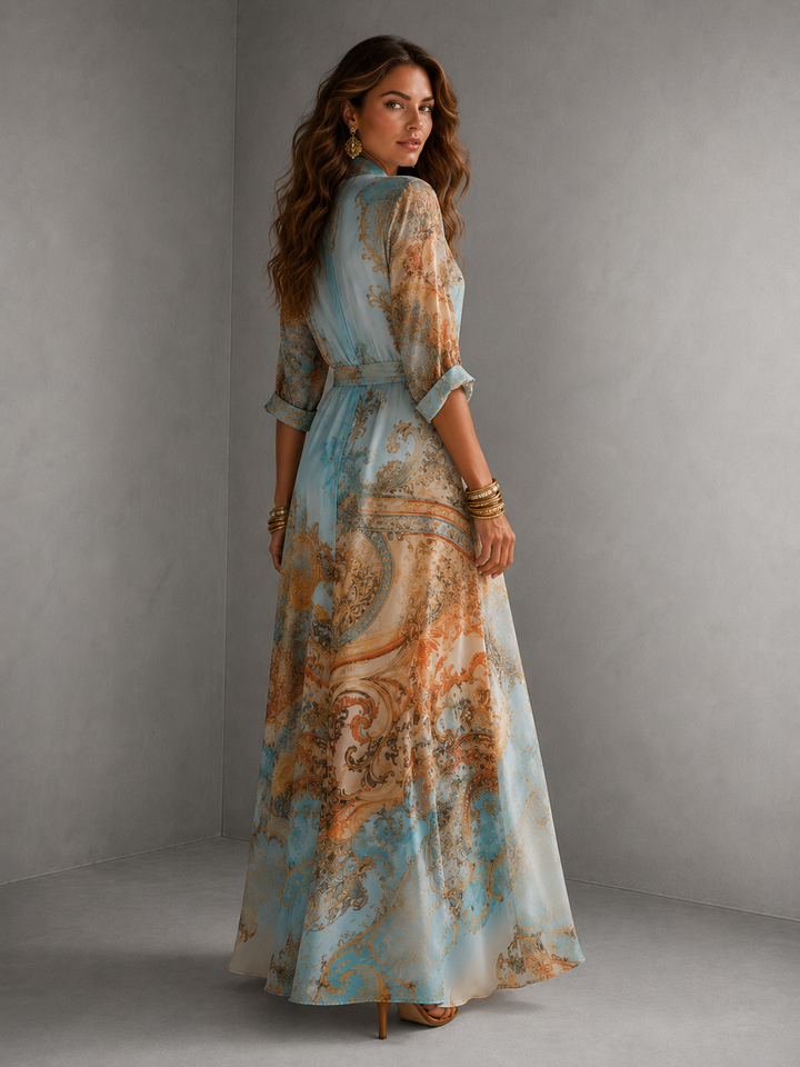 Baroque Style Floral Blue Chiffon Maxi Dress