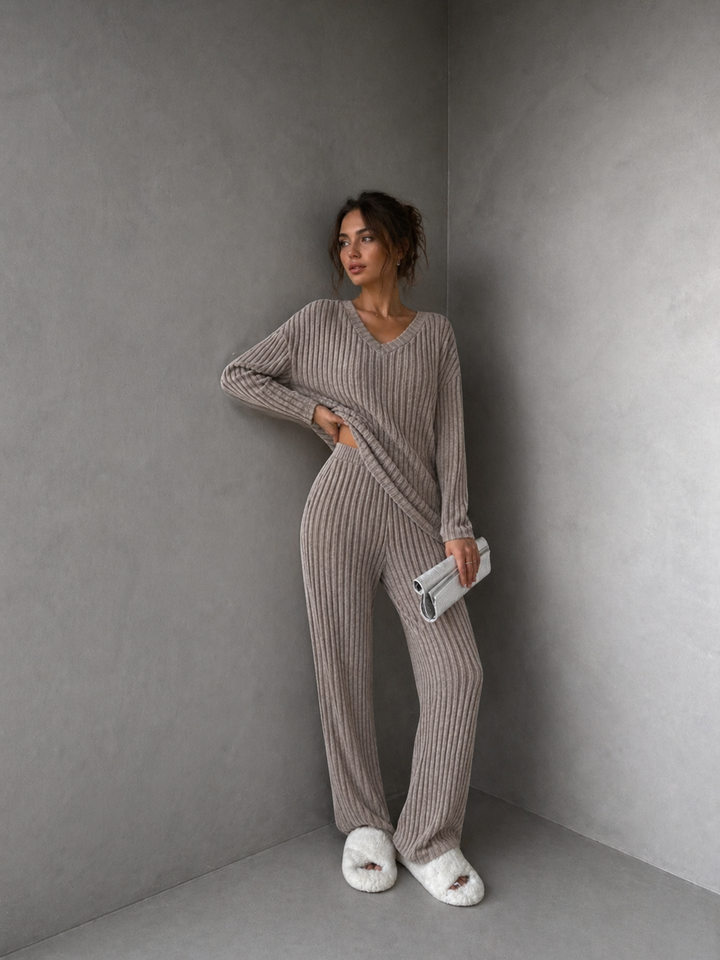 SUMMER™ - Casual V-Neck Long Sleeve Top & Straight Leg Lounge Pants Set