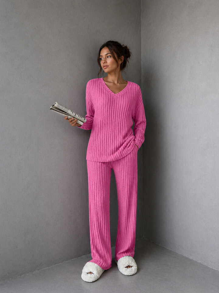 SUMMER™ - Casual V-Neck Long Sleeve Top & Straight Leg Lounge Pants Set