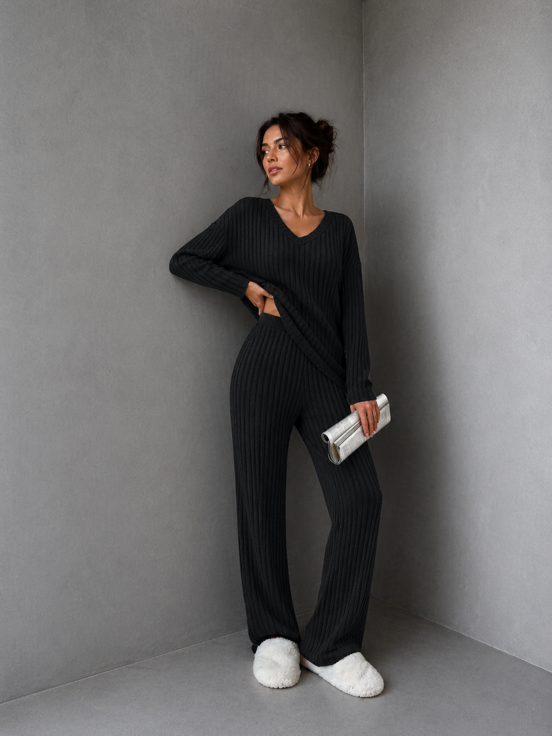 SUMMER™ - Casual V-Neck Long Sleeve Top & Straight Leg Lounge Pants Set