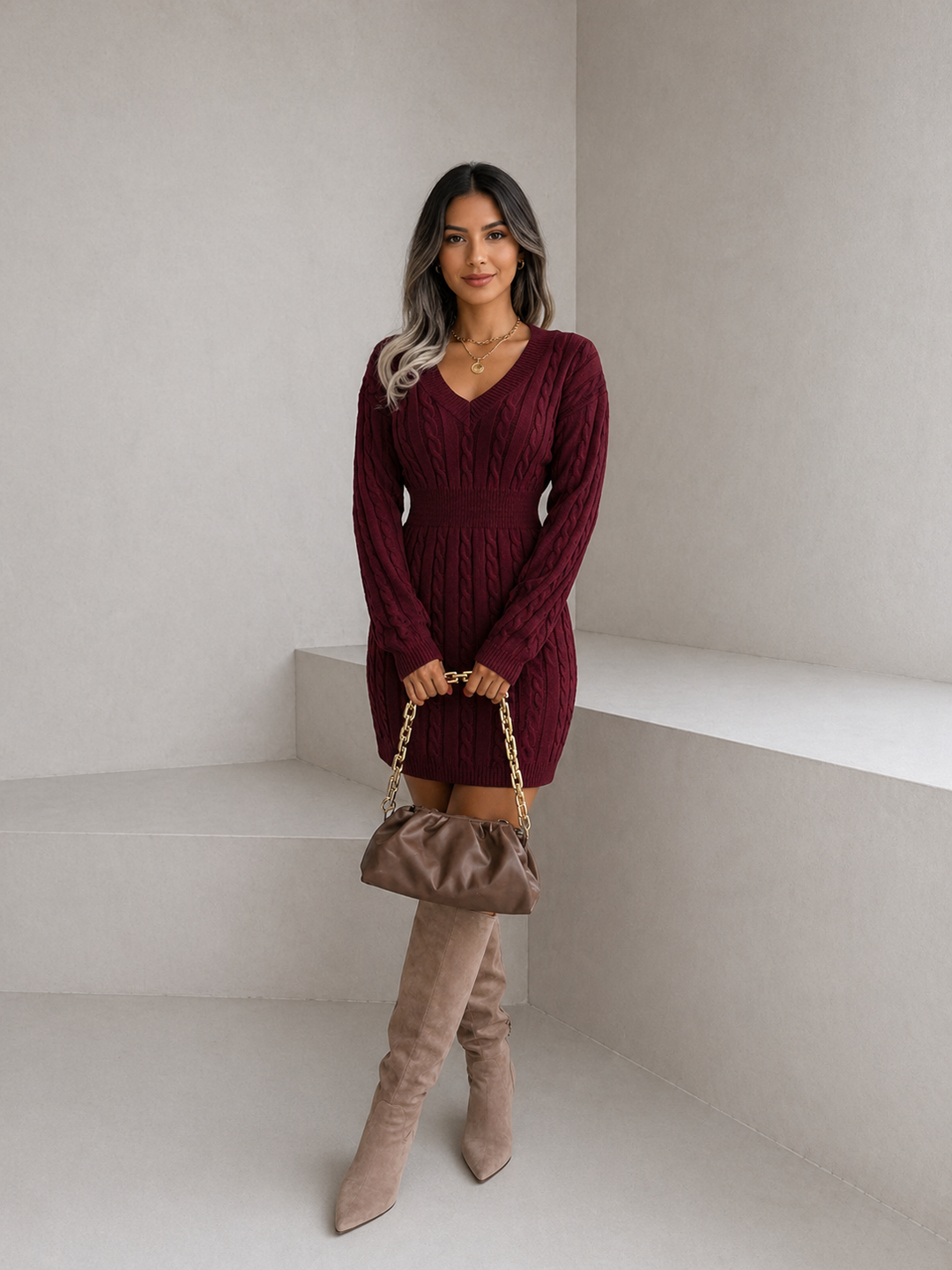 HOLLY™ - Cozy Long Sleeve V-Neck Cable Knit Sweater Dress