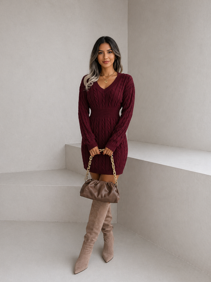 HOLLY™ - Cozy Long Sleeve V-Neck Cable Knit Sweater Dress