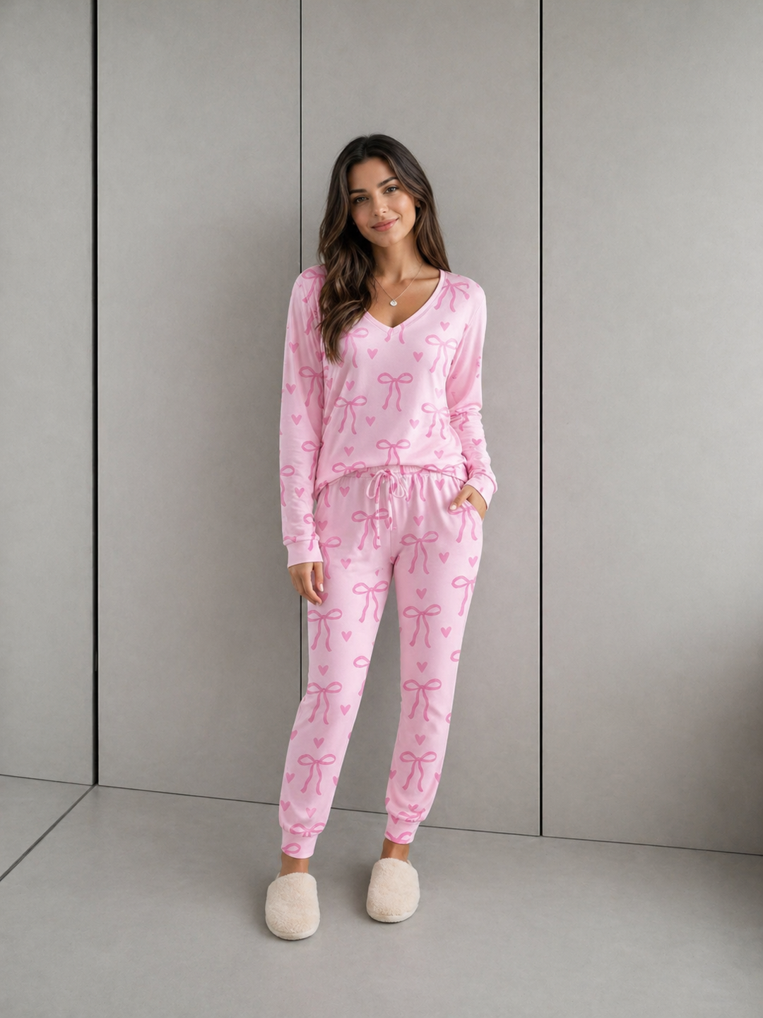 HALLIE™ - Bow Print V-Neck Long Sleeve Top & Tie Waist Pants Set