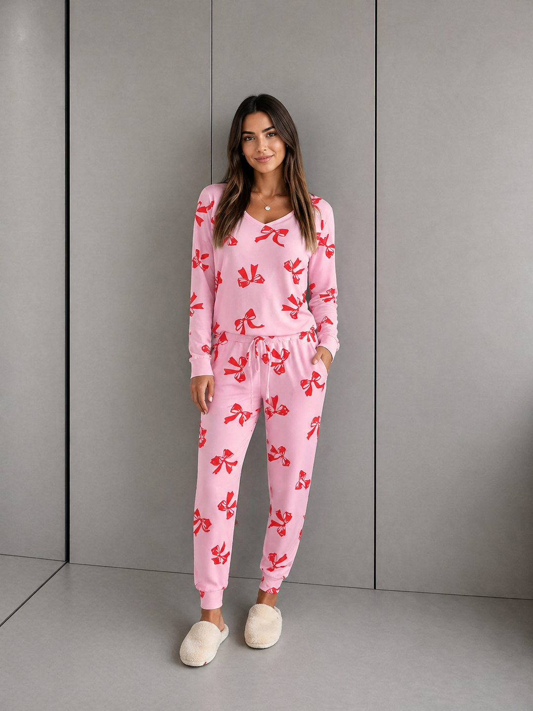 HALLIE™ - Bow Print V-Neck Long Sleeve Top & Tie Waist Pants Set