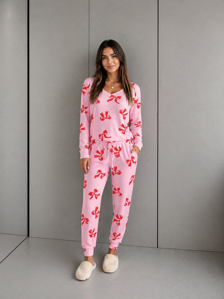 HALLIE™ - Bow Print V-Neck Long Sleeve Top & Tie Waist Pants Set