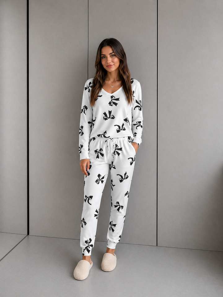 HALLIE™ - Bow Print V-Neck Long Sleeve Top & Tie Waist Pants Set