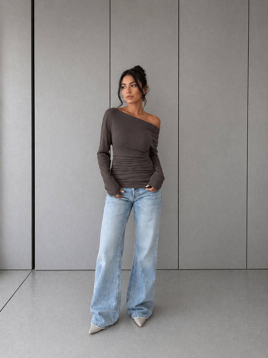 GATY™ - Chic Long Sleeve Asymmetrical Shoulder Top