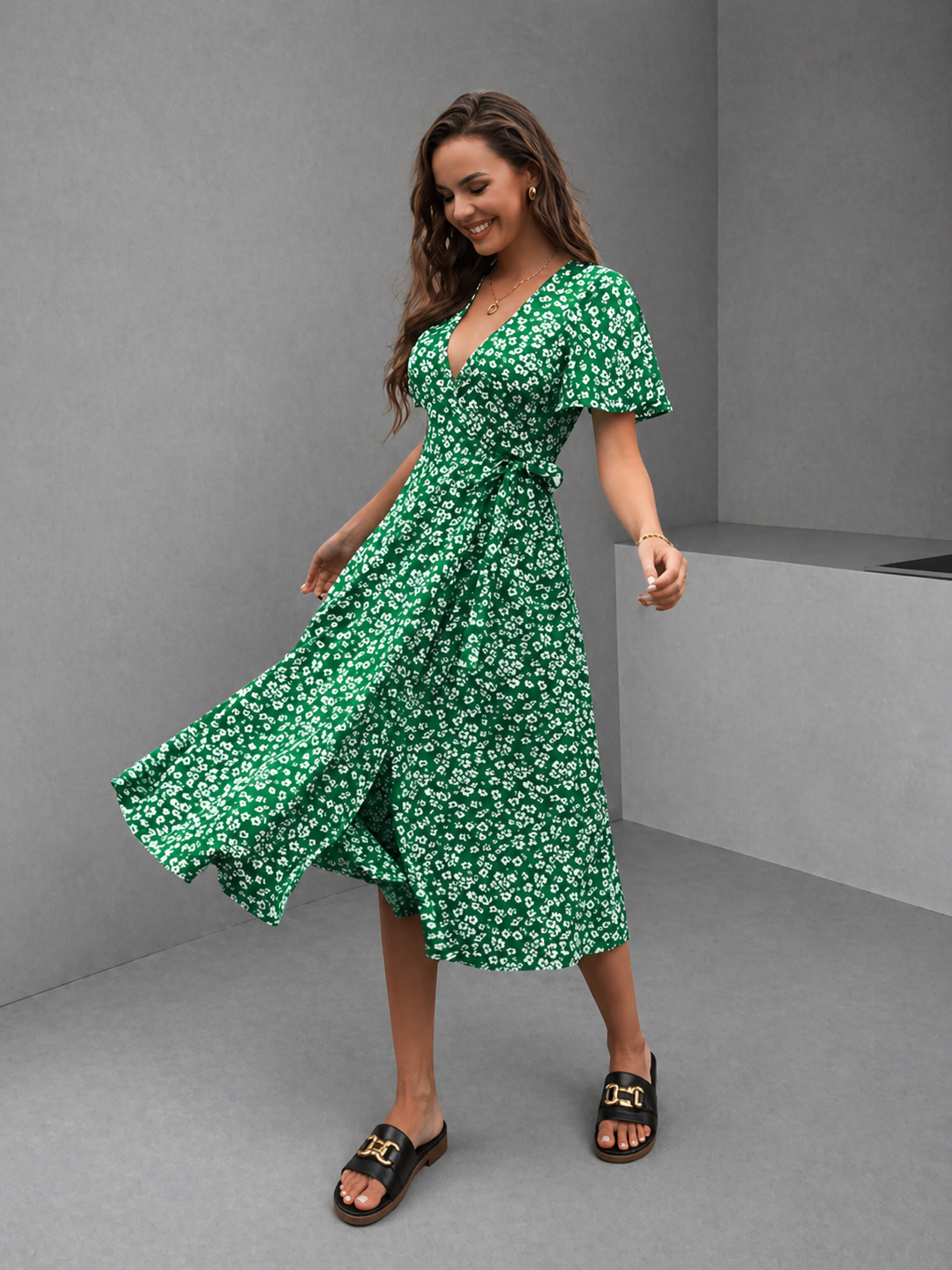 DALISAY™ -  Plus Size V-Neck Flounce Sleeve Summer Dress