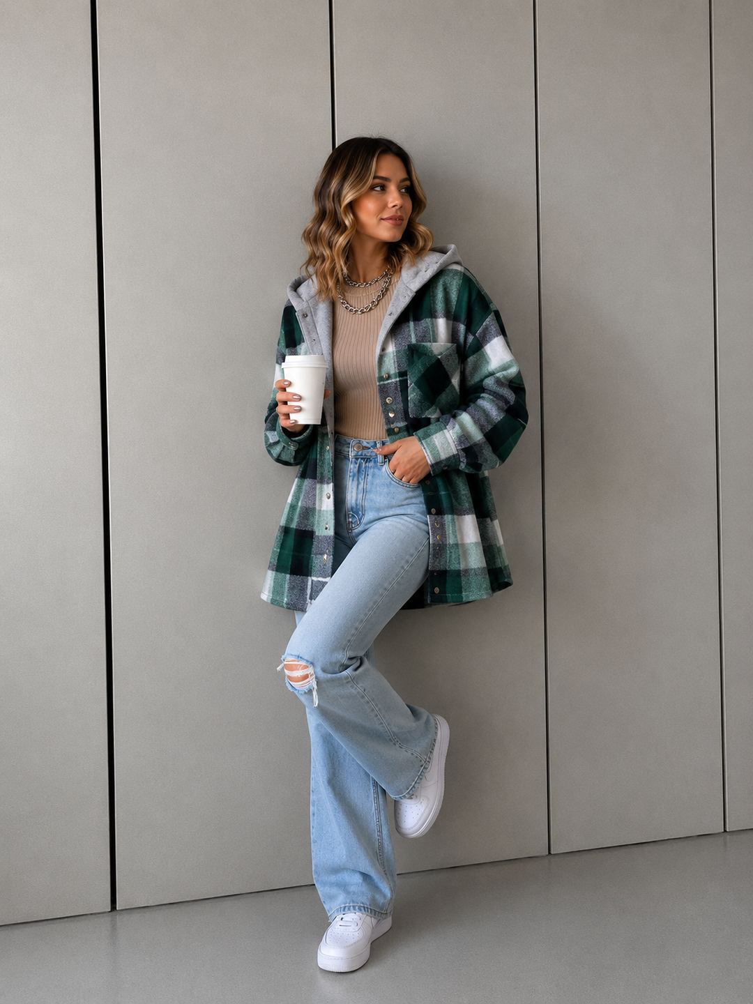 TALLULAH™ - Relaxed Fit Hooded Plaid Jacket