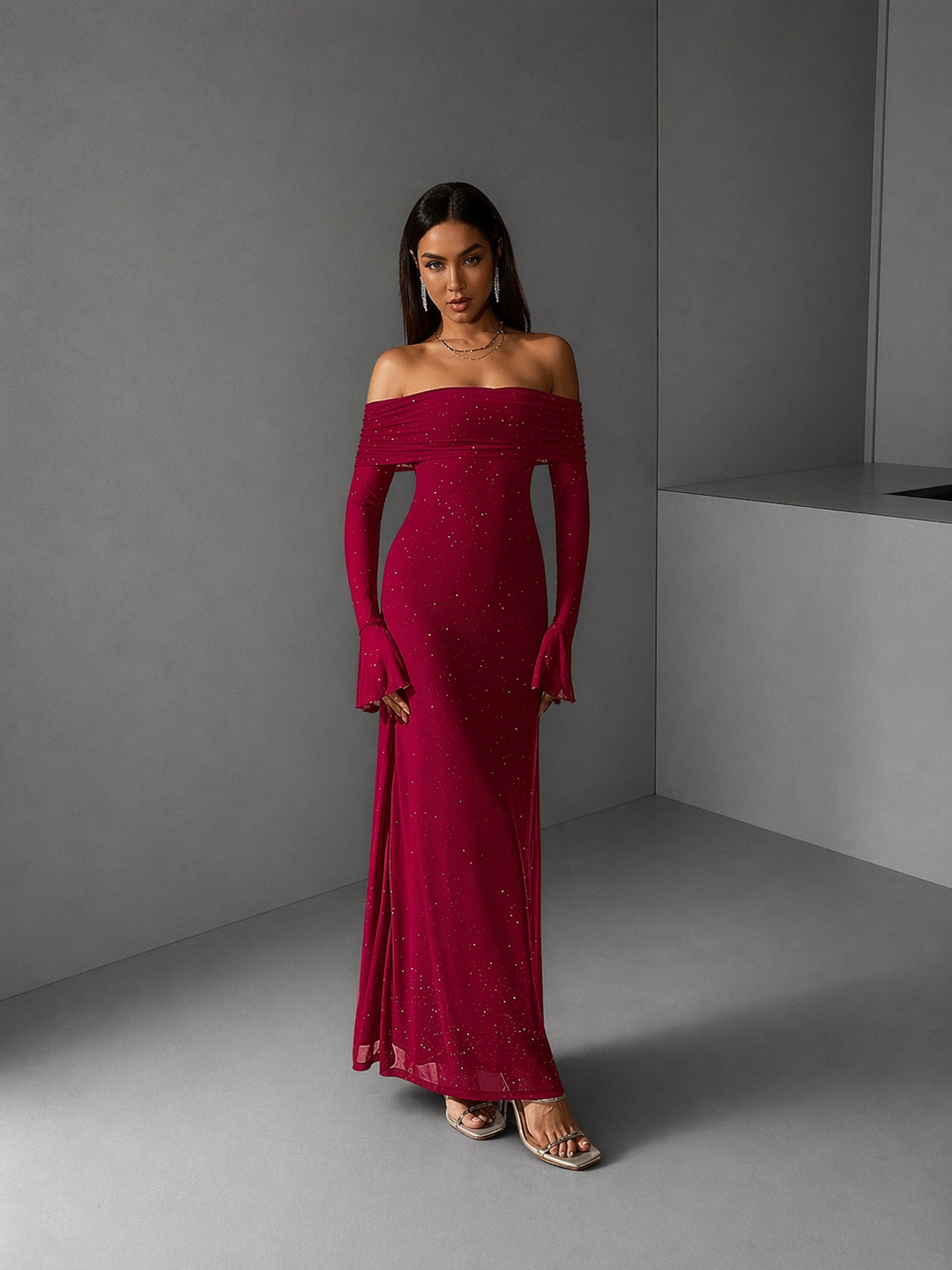 ANDREA™ - Women's Off-The-Shoulder Ruched Contrast Sequin Bodycon Dress