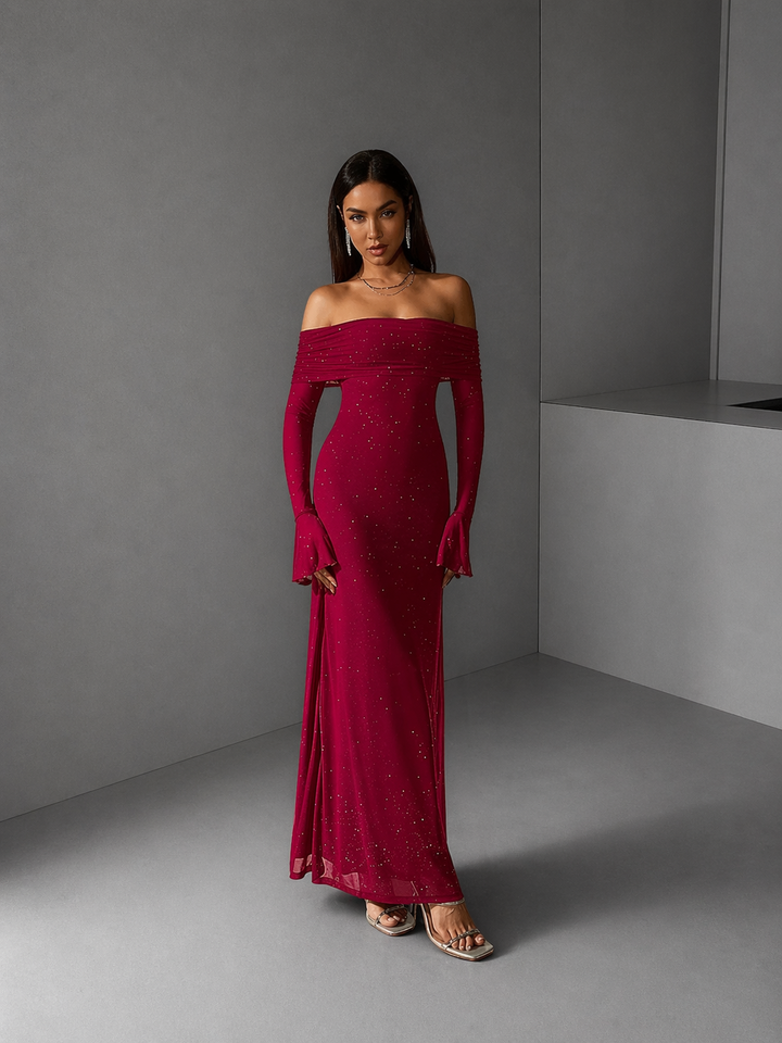 ANDREA™ - Women's Off-The-Shoulder Ruched Contrast Sequin Bodycon Dress