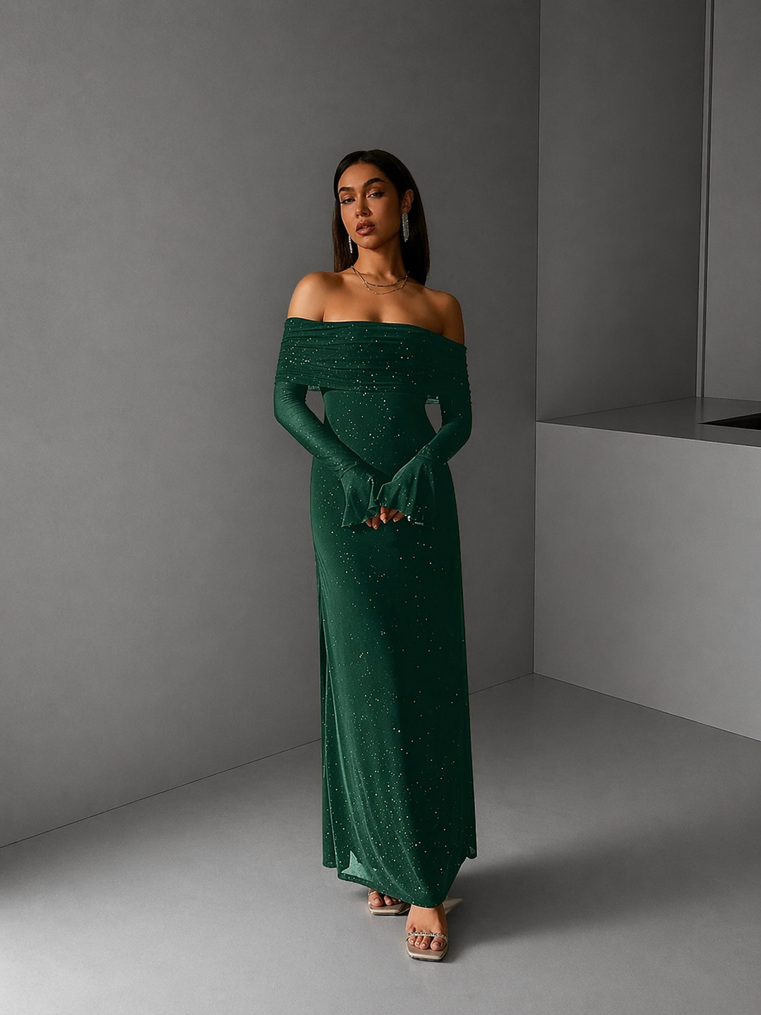 ANDREA™ - Women's Off-The-Shoulder Ruched Contrast Sequin Bodycon Dress