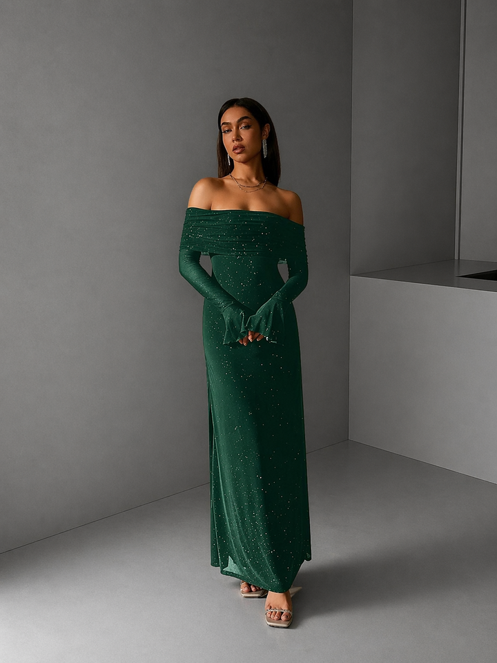 ANDREA™ - Women's Off-The-Shoulder Ruched Contrast Sequin Bodycon Dress