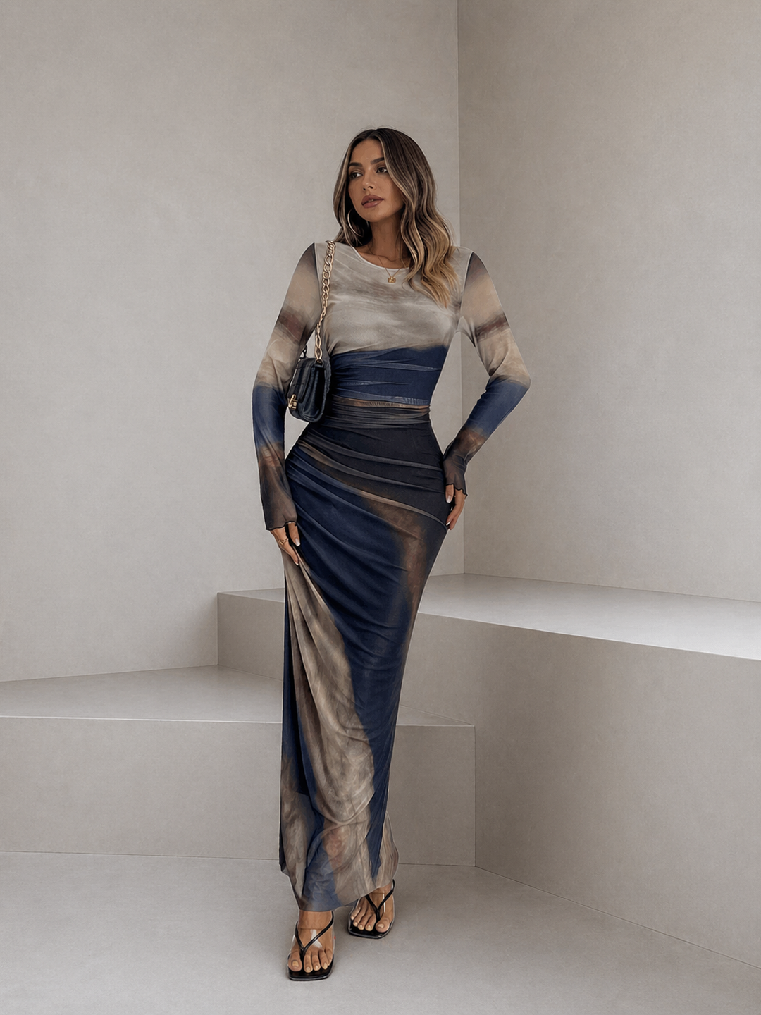 TESSIE™ - Women's All-Over Print Ruched Bodycon Dress Long Sleeve Round Neck Dress for Party