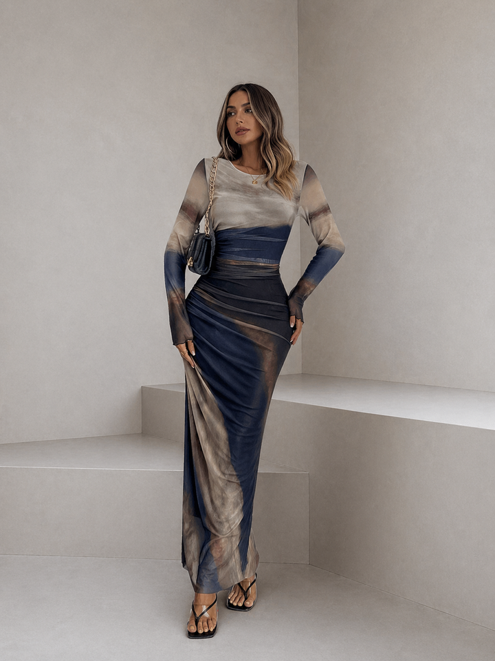 TESSIE™ - Women's All-Over Print Ruched Bodycon Dress Long Sleeve Round Neck Dress for Party