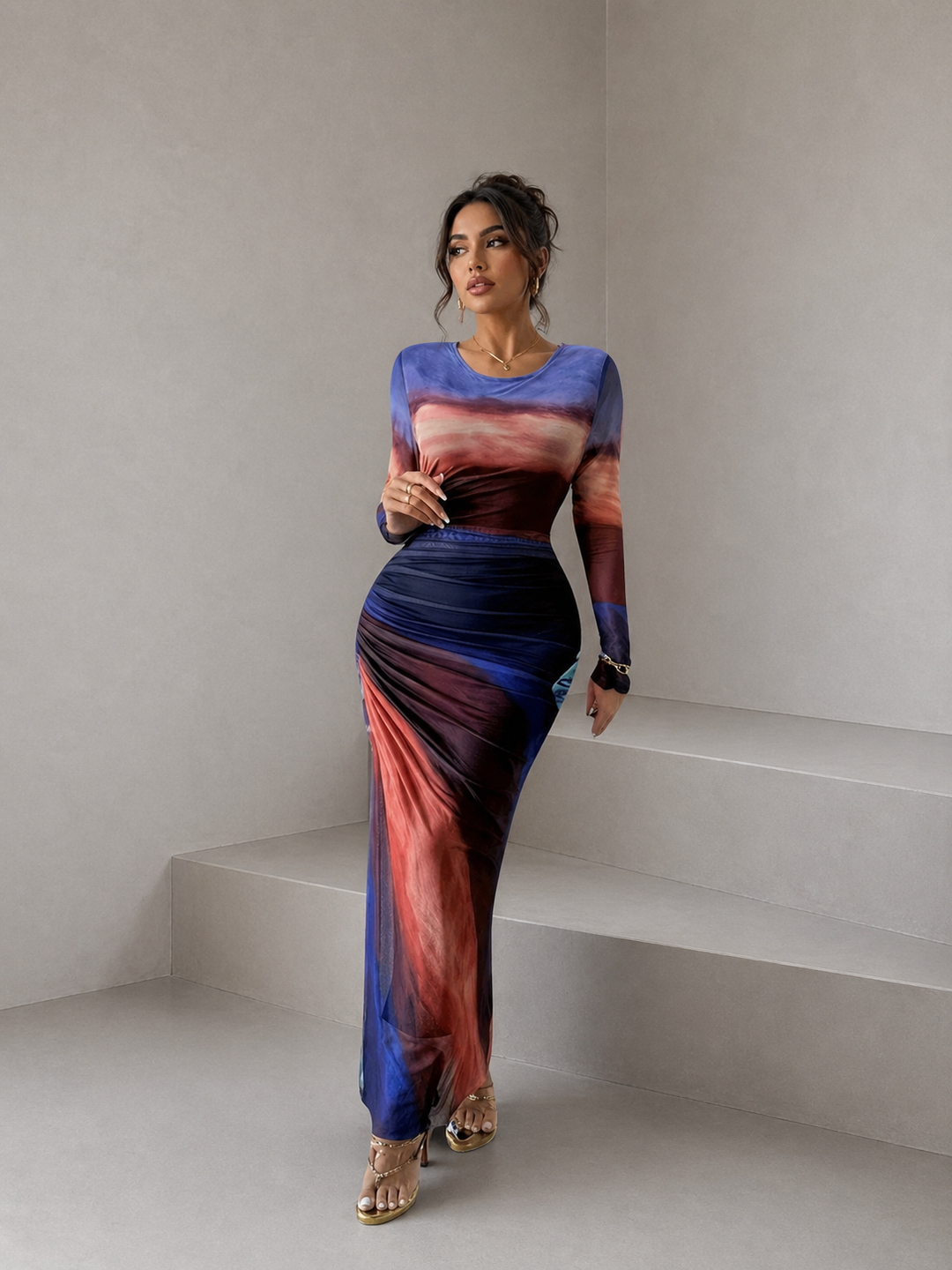 TESSIE™ - Women's All-Over Print Ruched Bodycon Dress Long Sleeve Round Neck Dress for Party