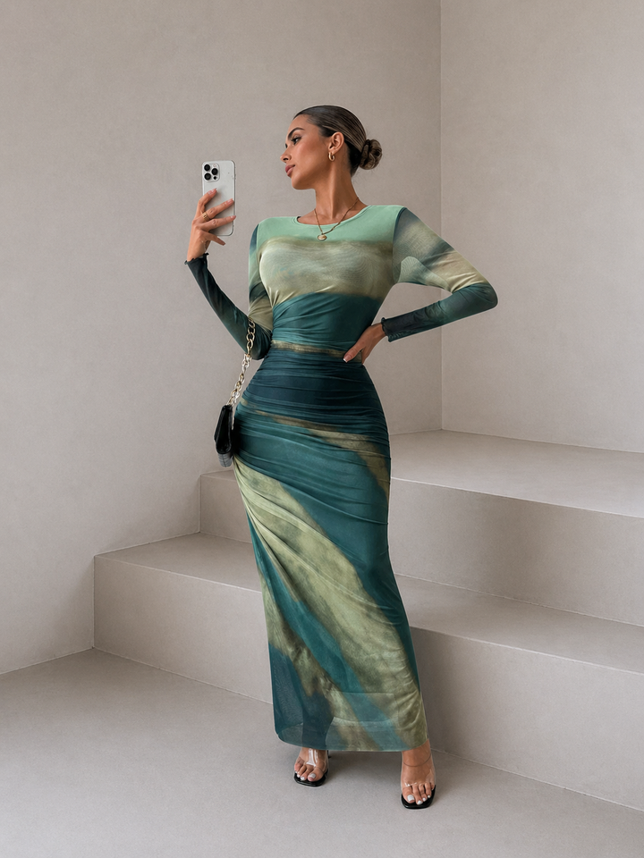 TESSIE™ - Women's All-Over Print Ruched Bodycon Dress Long Sleeve Round Neck Dress for Party