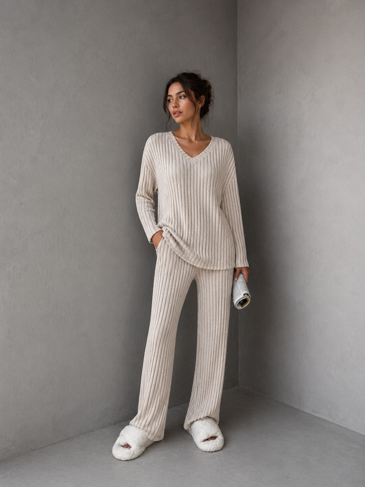 SUMMER™ - Casual V-Neck Long Sleeve Top & Straight Leg Lounge Pants Set