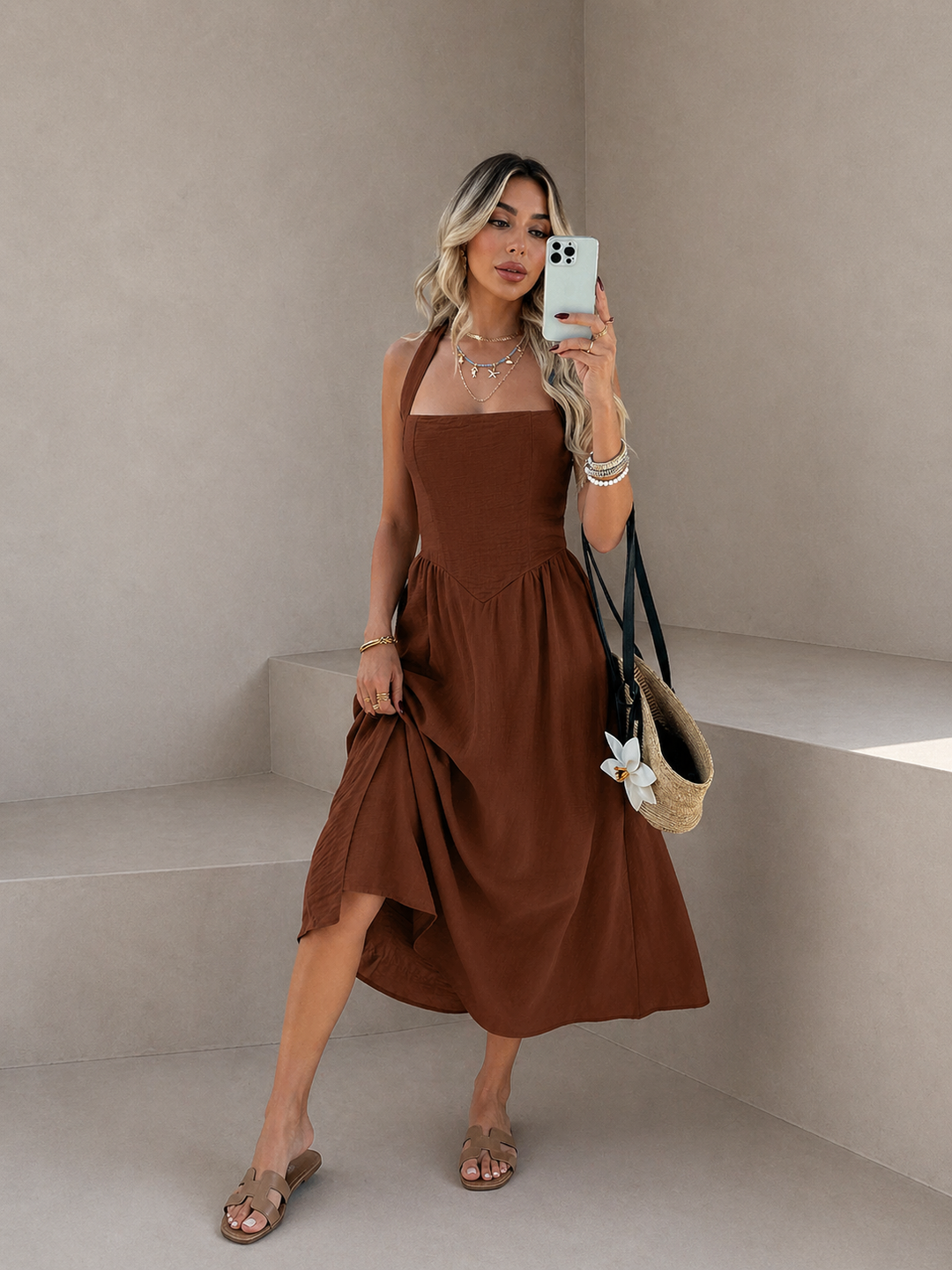 MYRNA™ - Vintage Summer Sleeveless Halter Neck A Line Maxi Dress