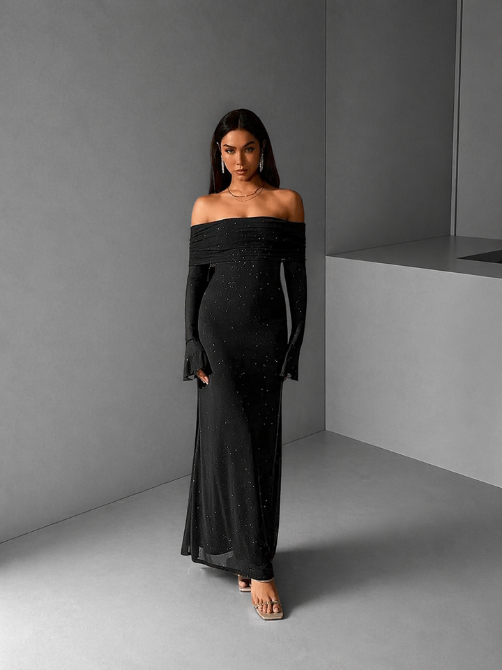 ANDREA™ - Women's Off-The-Shoulder Ruched Contrast Sequin Bodycon Dress