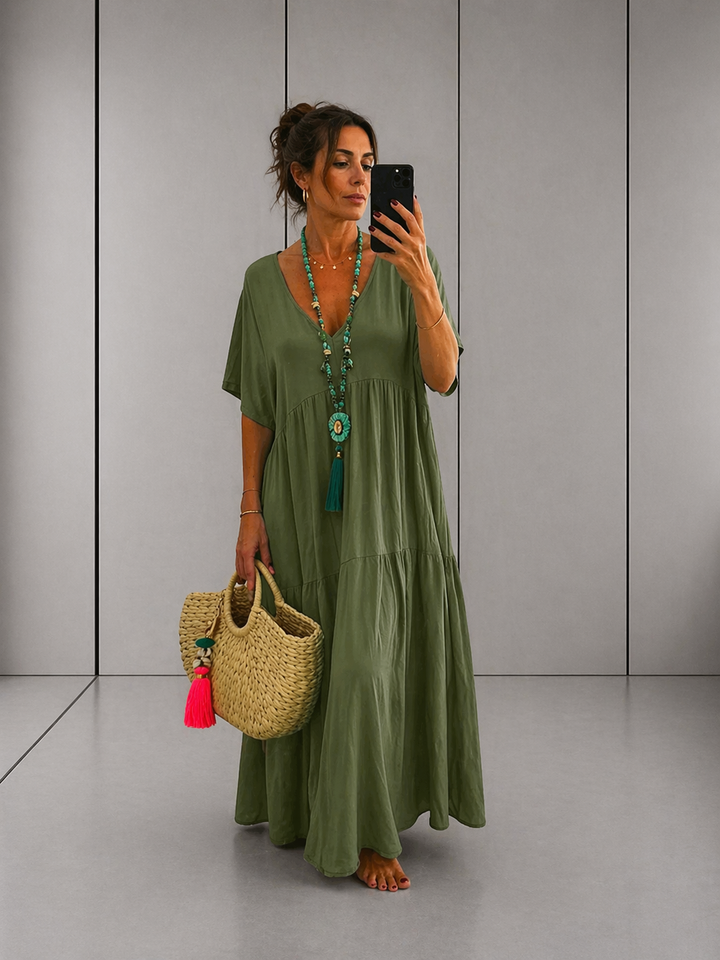LINNEA™ – Soft Ruffle V-Neck Maxi Dress