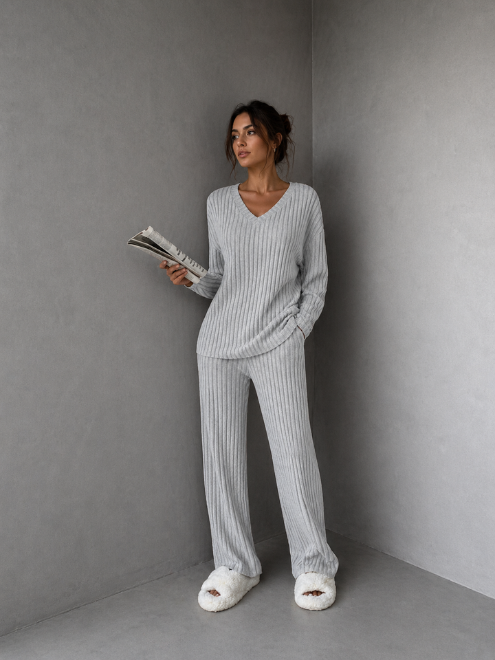 SUMMER™ - Casual V-Neck Long Sleeve Top & Straight Leg Lounge Pants Set