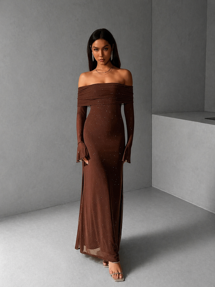 ANDREA™ - Women's Off-The-Shoulder Ruched Contrast Sequin Bodycon Dress