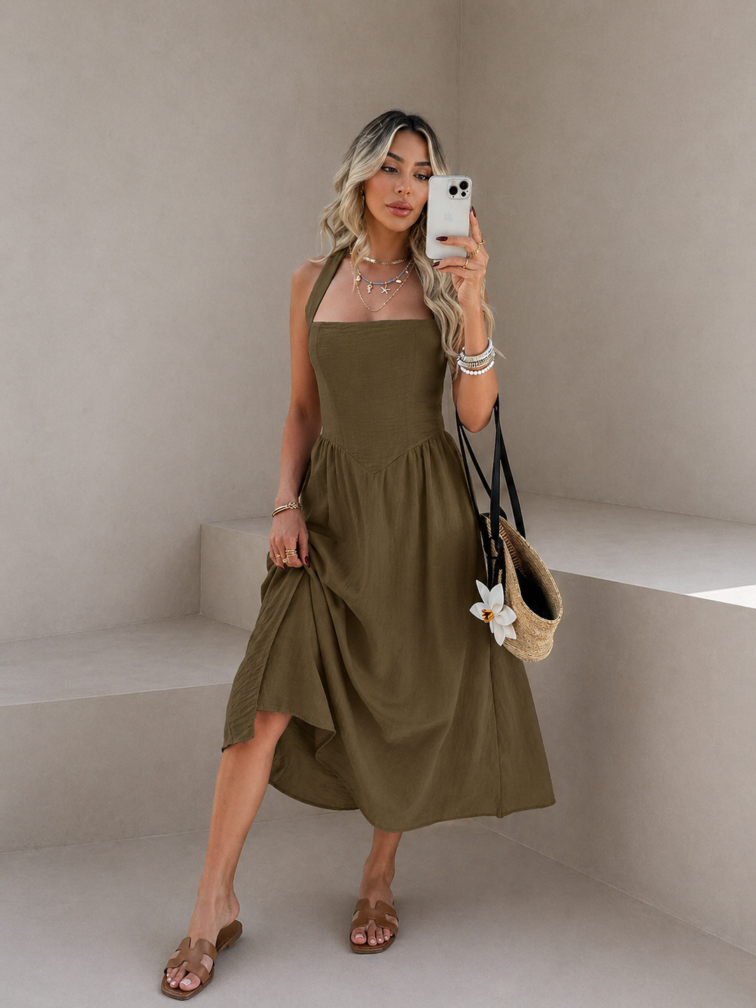MYRNA™ - Vintage Summer Sleeveless Halter Neck A Line Maxi Dress