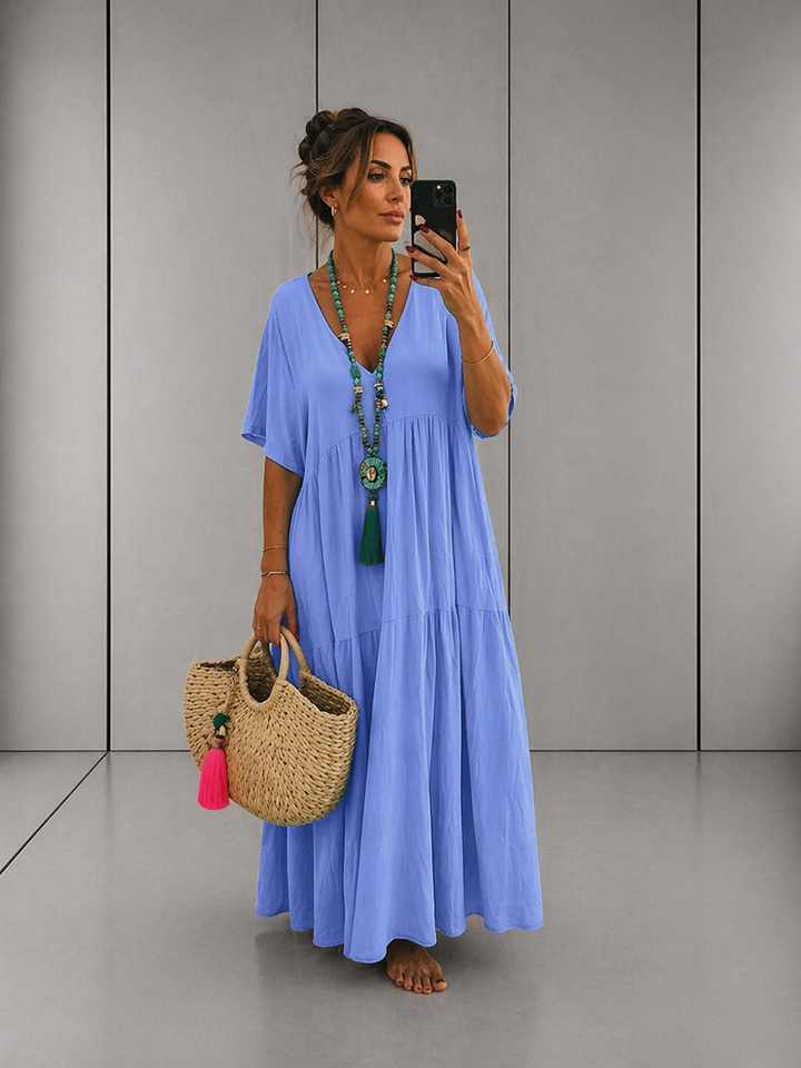 LINNEA™ – Soft Ruffle V-Neck Maxi Dress