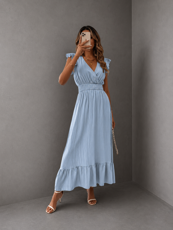 CATALINA™ – Elegant Shirred V Neck Maxi Dress
