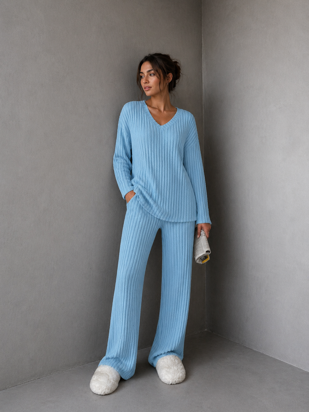 SUMMER™ - Casual V-Neck Long Sleeve Top & Straight Leg Lounge Pants Set