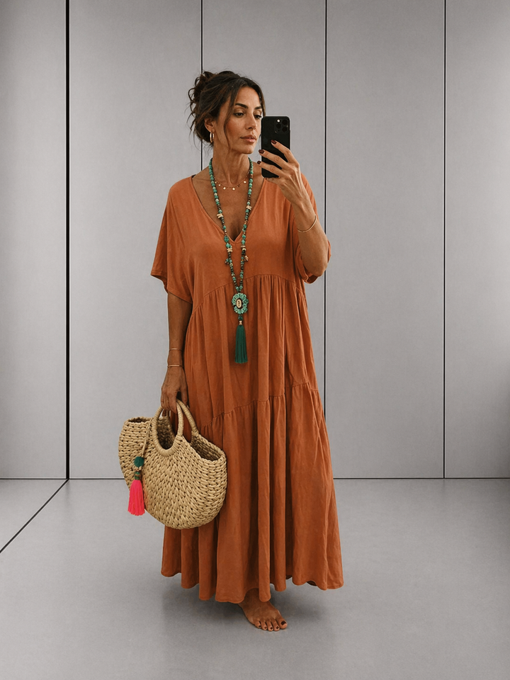 LINNEA™ – Soft Ruffle V-Neck Maxi Dress