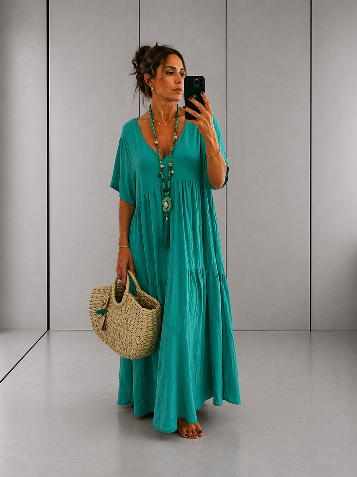 LINNEA™ – Soft Ruffle V-Neck Maxi Dress