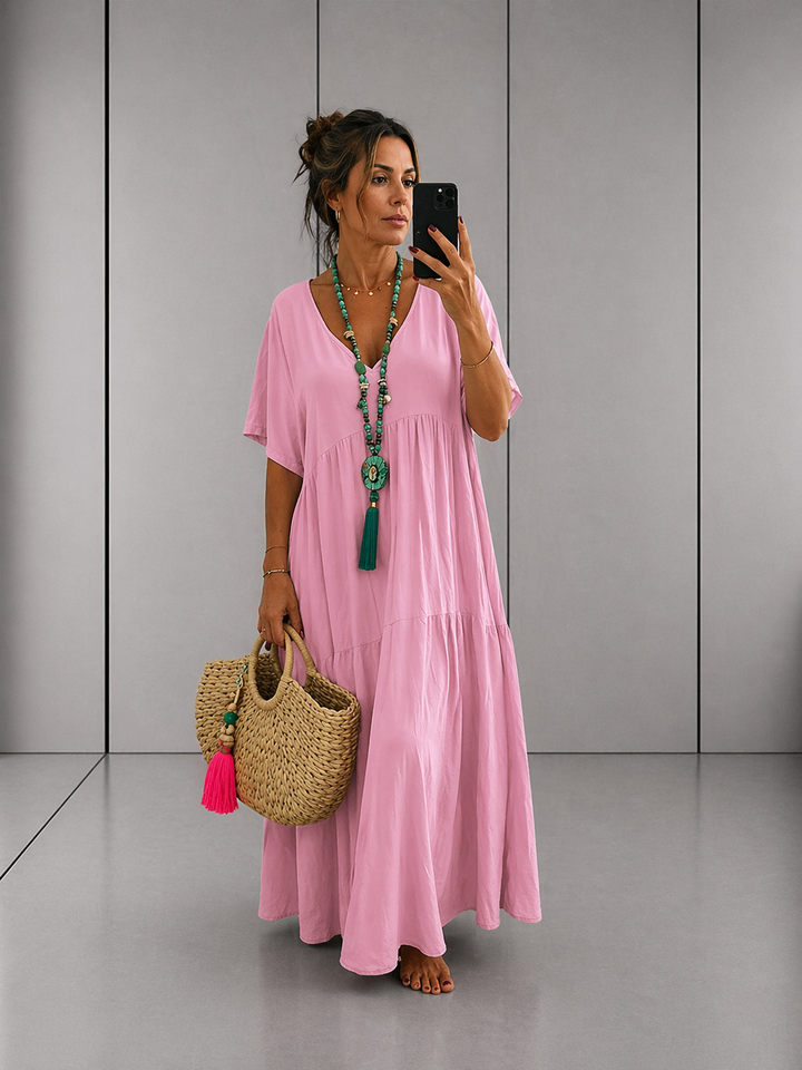 LINNEA™ – Soft Ruffle V-Neck Maxi Dress