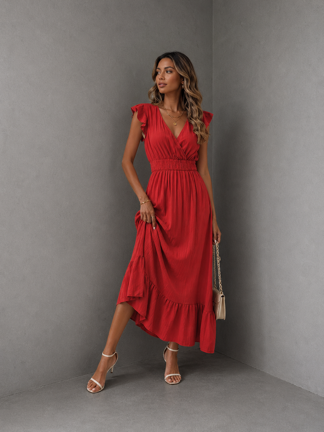 CATALINA™ – Elegant Shirred V Neck Maxi Dress