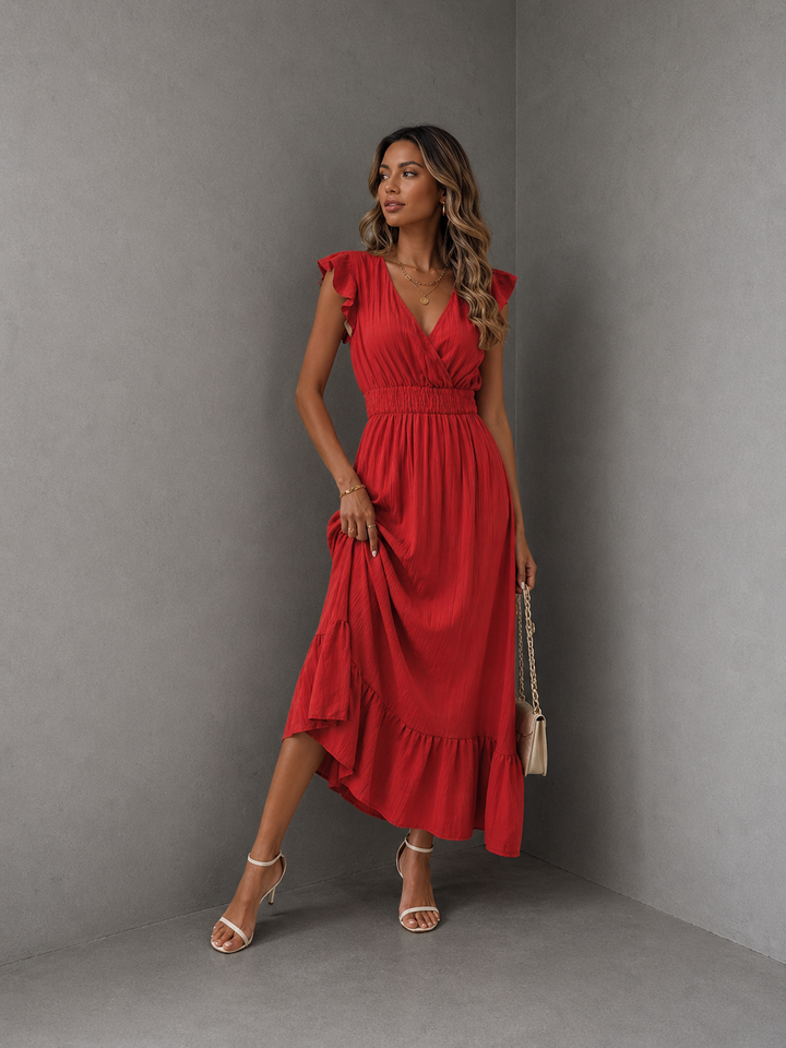 CATALINA™ – Elegant Shirred V Neck Maxi Dress