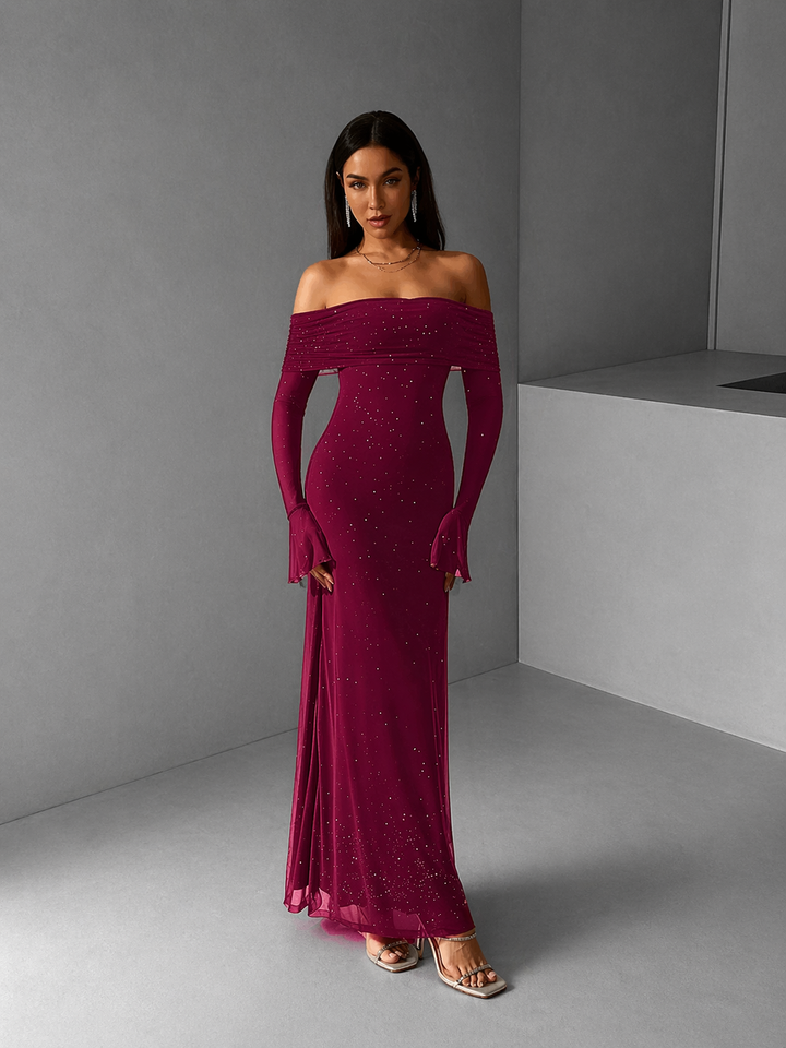 ANDREA™ - Women's Off-The-Shoulder Ruched Contrast Sequin Bodycon Dress