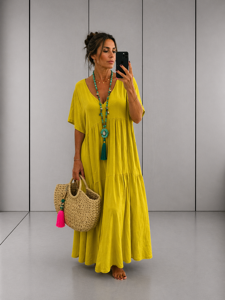 LINNEA™ – Soft Ruffle V-Neck Maxi Dress